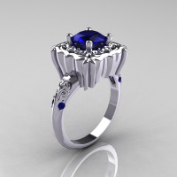 Modern Antique 10K White Gold 1.0 Carat Blue Sapphire Engagement Ring AR116-10KWGBLS-1