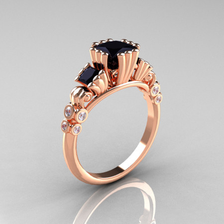 Classic 14K Rose Gold 1.25 CT Princess Black Diamond Three Stone Engagement Ring R171-14KRGDBD-1