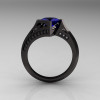 Exclusive French 18K Black Gold 1.23 CT Princess Blue Sapphire Diamond Engagement Ring R176-18BGDBD-2