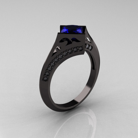Exclusive French 18K Black Gold 1.23 CT Princess Blue Sapphire Diamond Engagement Ring R176-18BGDBD-1