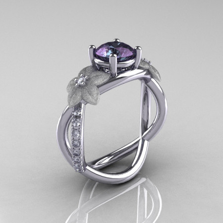 Nature Classic 14K White Gold 2.0 CT Alexandrite Diamond  Leaf and Vine Engagement Ring R180-14KWGD2ALL-1