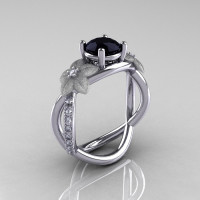 Nature Classic 14K White Gold 1.0 CT Black Diamond  Leaf and Vine Engagement Ring R180-14KWGDBD-1