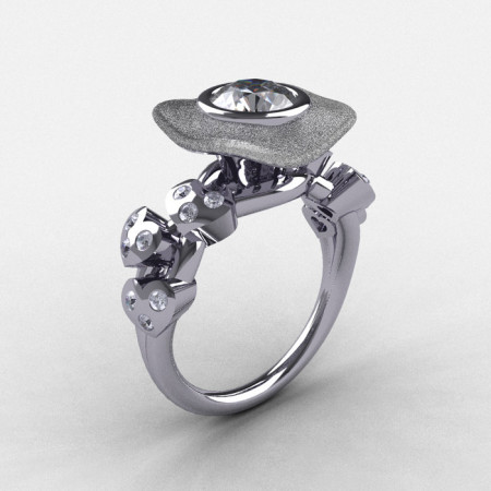 Natures Nouveau 14K White Gold CZ Diamond Leaf and Mushroom Wedding Ring Engagement Ring NN103SA-14KWGDCZ-1