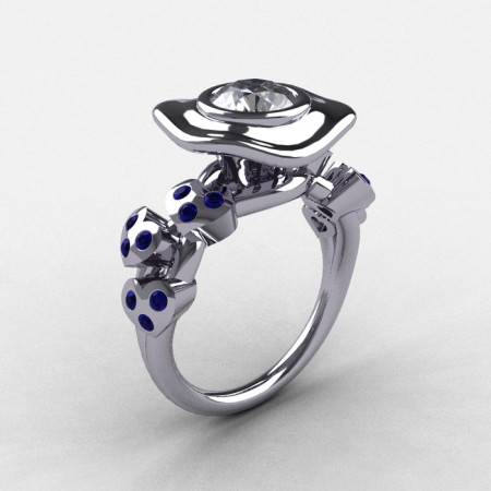 Natures Nouveau 950 Platinum Blue and White Sapphire Leaf and Mushroom Wedding Ring Engagement Ring NN103A-PLATBWS-1