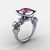 14K White Gold Pink Sapphire Diamond Leaf and Mushroom Wedding Ring Engagement Ring NN103A-14KWGDPS-1