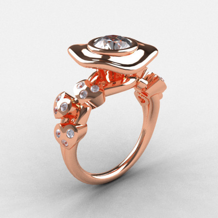 Natures Nouveau 18K Rose Gold White Sapphire Diamond Leaf and Mushroom Wedding Ring Engagement Ring NN103A-18KRGDWS-1