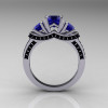 French 14K White Gold Three Stone Blue Sapphire Black Diamond Wedding Ring Engagement Ring R182-14KWGBDBS-3