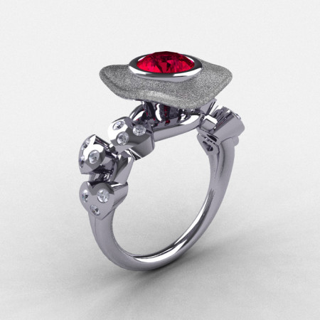 Natures Nouveau 14K White Gold Ruby Diamond Leaf and Mushroom Wedding Ring Engagement Ring NN103SA-14KWGDR-1