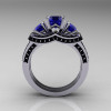 French 14K White Gold Three Stone Blue Sapphire Black Diamond Wedding Ring Engagement Ring Bridal Set R182S-14KWGBDBS-2