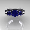 French 14K White Gold Three Stone Blue Sapphire Black Diamond Wedding Ring Engagement Ring Bridal Set R182S-14KWGBDBS-4