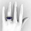 French 14K White Gold Three Stone Blue Sapphire Black Diamond Wedding Ring Engagement Ring Bridal Set R182S-14KWGBDBS-5
