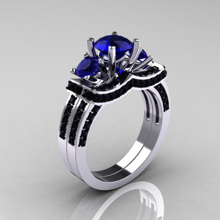 French 14K White Gold Three Stone Blue Sapphire Black Diamond Wedding Ring Engagement Ring Bridal Set R182S-14KWGBDBS-1