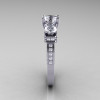 French Platinum Three Stone White Sapphire Diamond Wedding Ring Engagement Ring R182-PLATDWS-3