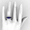 French 14K White Gold Three Stone Blue Sapphire Black Diamond Wedding Ring Engagement Ring R182-14KWGBDBS-5