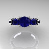 French 14K White Gold Three Stone Blue Sapphire Black Diamond Wedding Ring Engagement Ring R182-14KWGBDBS-4