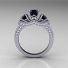 French 14K White Gold Three Stone Black and White Diamond Wedding Ring Engagement Ring R182-14KWGDBD-2