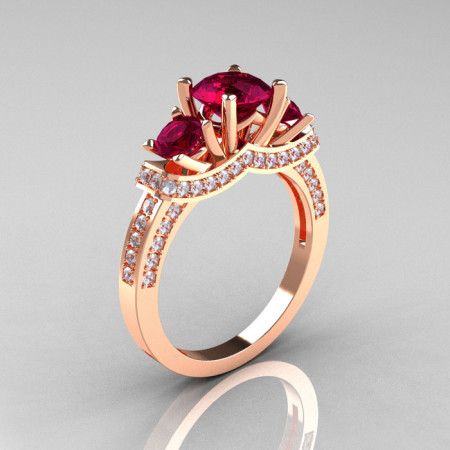 French 10K Rose Gold Three Stone Garnet Diamond Wedding Ring Engagement Ring R182-10KRGDG-1