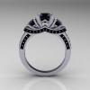 French 10K White Gold Three Stone Black Diamond Wedding Ring Engagement Ring R182-10KWGBDD-2