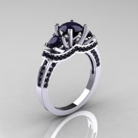 French Platinum Three Stone Dark Blue Sapphire Wedding Ring Engagement Ring R182-PLATDBS-1