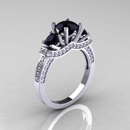 French 14K White Gold Three Stone Black and White Diamond Wedding Ring Engagement Ring R182-14KWGDBD-1