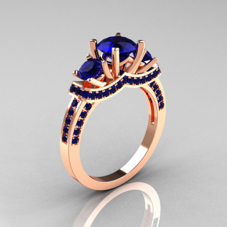French 14K Rose Gold Three Stone Blue Sapphire Wedding Ring Engagement Ring R182-14KRGBSS-1