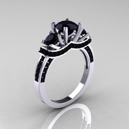 French 10K White Gold Three Stone Black Diamond Wedding Ring Engagement Ring R182-10KWGBDD-1
