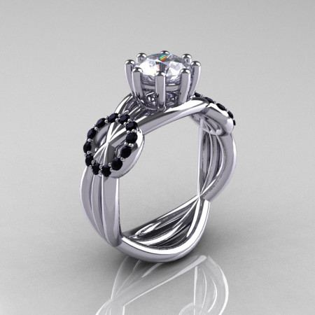 Modern Bridal 10K White Gold 1.0 CT White Sapphire Black Diamond Designer Ring R181-10KWGBDWS-1