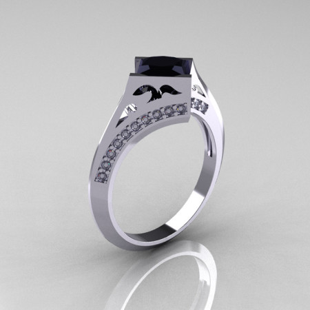 Modern French 950 Platinum .93 CT Princess Black Diamond Engagement Wedding Ring R176-PLATDBD-1