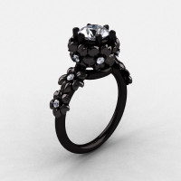 14K Black Gold White Sapphire Diamond Flower Wedding Ring Engagement Ring NN109-14KBGDWS-1