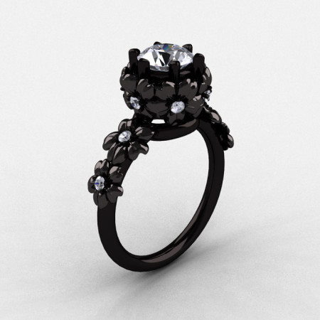 14K Black Gold White Sapphire Diamond Flower Wedding Ring Engagement Ring NN109-14KBGDWS-1