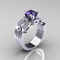 Classic 14K White Gold Alexandrite Diamond Solitaire Ring Double Flush Band Bridal Set R188S2-14KWGDAL-1