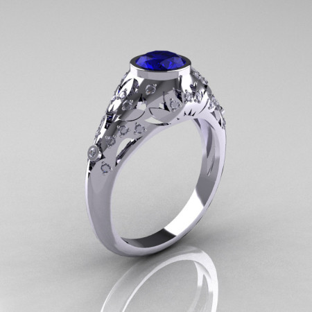 Modern Vintage 14K White Gold 0.65 Carat Blue Sapphire Pave Diamond Designer Ring R302-14WGDBS-1