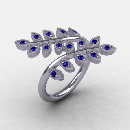 Natures Nouveau 14K White Gold Blue Sapphire Leaf and Vine Wedding Ring NN112S-14KWGBS-1