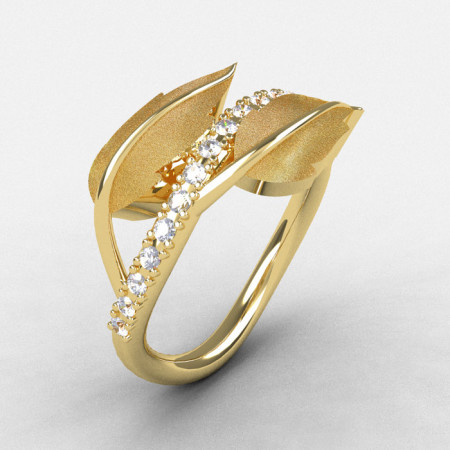 Natures Nouveau 14K Yellow Gold White Sapphire Leaf and Vine Wedding Ring Engagement Ring NN113S-14KYGWS-1