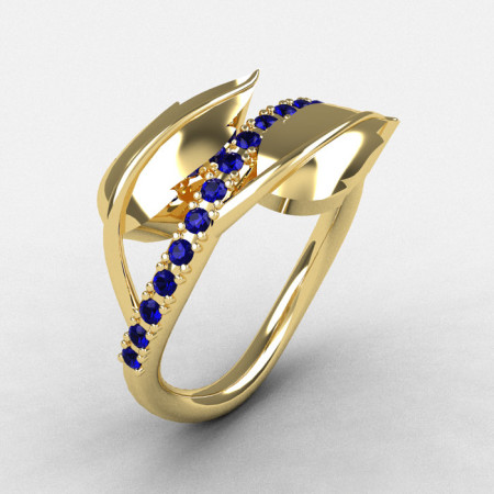 10K Yellow Gold Blue Sapphire Leaf and Vine Wedding Ring Engagement Ring NN113-10KYGBS-1