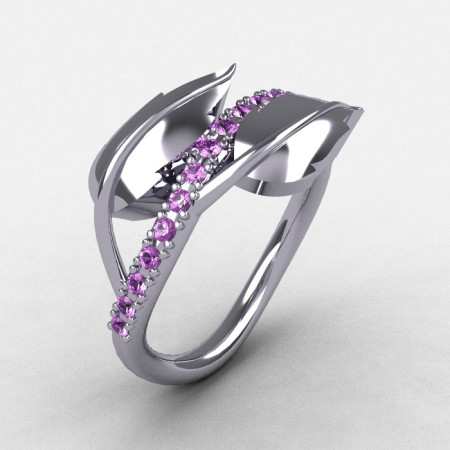 14K White Gold Lilac Amethyst Leaf and Vine Wedding Ring Engagement Ring NN113-14KWGBT-1