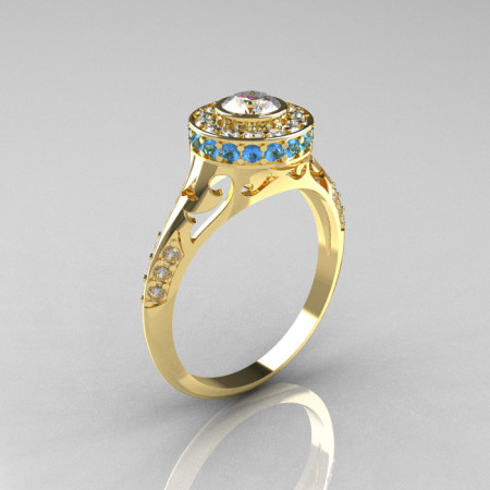 Modern Antique 18K Yellow Gold White Sapphire Aquamarine Diamond Wedding Ring Engagement Ring R191-18KYGDAQWS-1