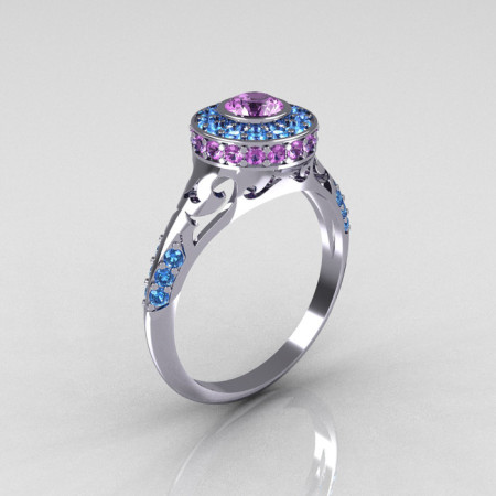 Modern Antique 950 Platinum Lilac Amethyst Aquamarine Exclusive Wedding Ring Engagement Ring R191-PLATAQLA-1