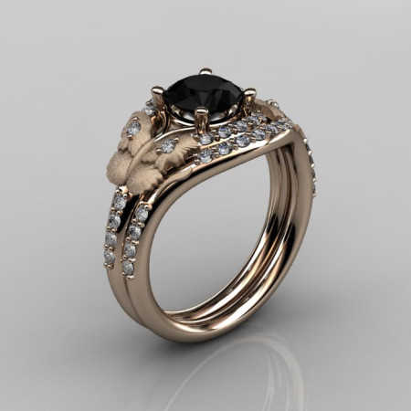 14KT Rose Gold Diamond Leaf and Vine Black Diamond Wedding RingEngagement Ring NN117SS-14KRGDBD Nature Inspired Jewelry-1