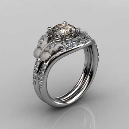14KT White Gold Diamond Leaf and Vine Champagne Diamond Wedding RingEngagement Ring NN117SS-14KWGDCHD Nature Inspired Jewelry-1