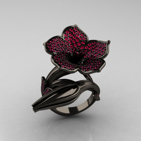Designer Exclusive 14K Black Gold Pink Sapphire Devils Trumpet Flower and Vine Ring NN123-14KBGPS-1