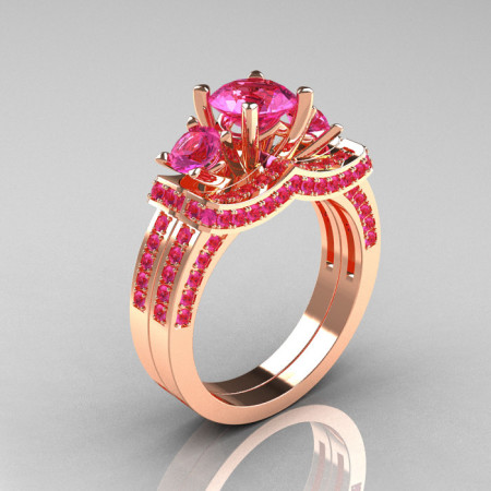 French 14K Rose Gold Three Stone Pink Sapphire Wedding Ring Engagement Ring Bridal Set R182S-14KRGPS-1