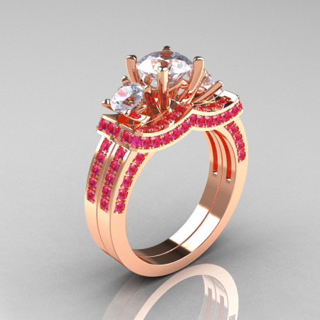 French 14K Rose Gold Three Stone Pink and White Sapphire Wedding Ring Engagement Ring Bridal Set R182S-14KRGPWS-1