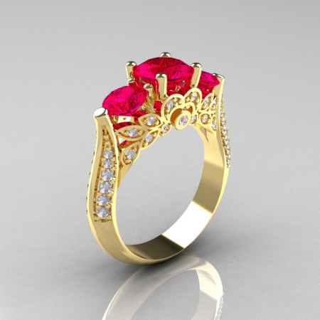 14K Yellow Gold Three Stone Diamond Rubies Solitaire Ring R200-14KYGDR-1