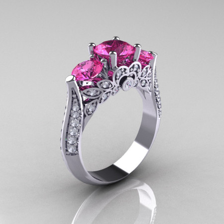 Classic 10K White Gold Three Stone Diamond Pink Sapphire Solitaire Ring R200-10KWGDPS-1