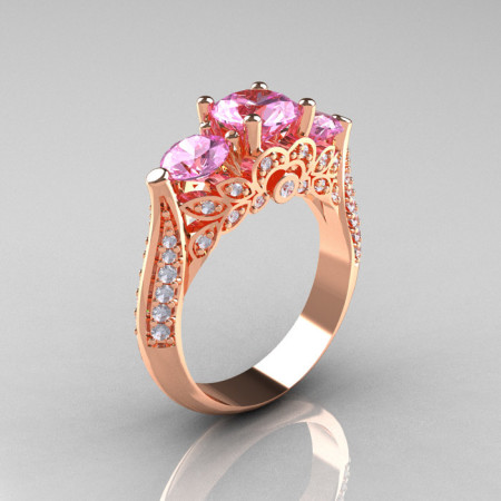 Classic 14K Rose Gold Three Stone Diamond Light Pink Sapphire Solitaire Ring R200-14KRGDLPS-1
