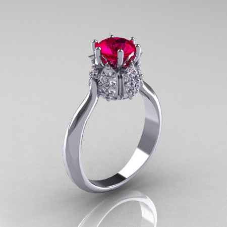 14K White Gold Diamond 1.0 Carat Ruby Tulip Solitaire Engagement Ring NN119-14KWGDR-1