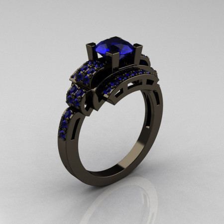 Modern Edwardian 14K Black Gold 1.0 Carat Blue Sapphire Ring R202-14KBGBS-1