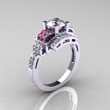 Modern Edwardian 950 Platinum 1.0 Carat Moissanite Pink Sapphire Diamond Ring R202-PLATDPSMO-1