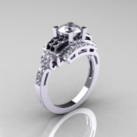 Modern Edwardian 14K White Gold 1.0 Carat White Sapphire Black Diamond Ring R202-14KWGBDWS-1